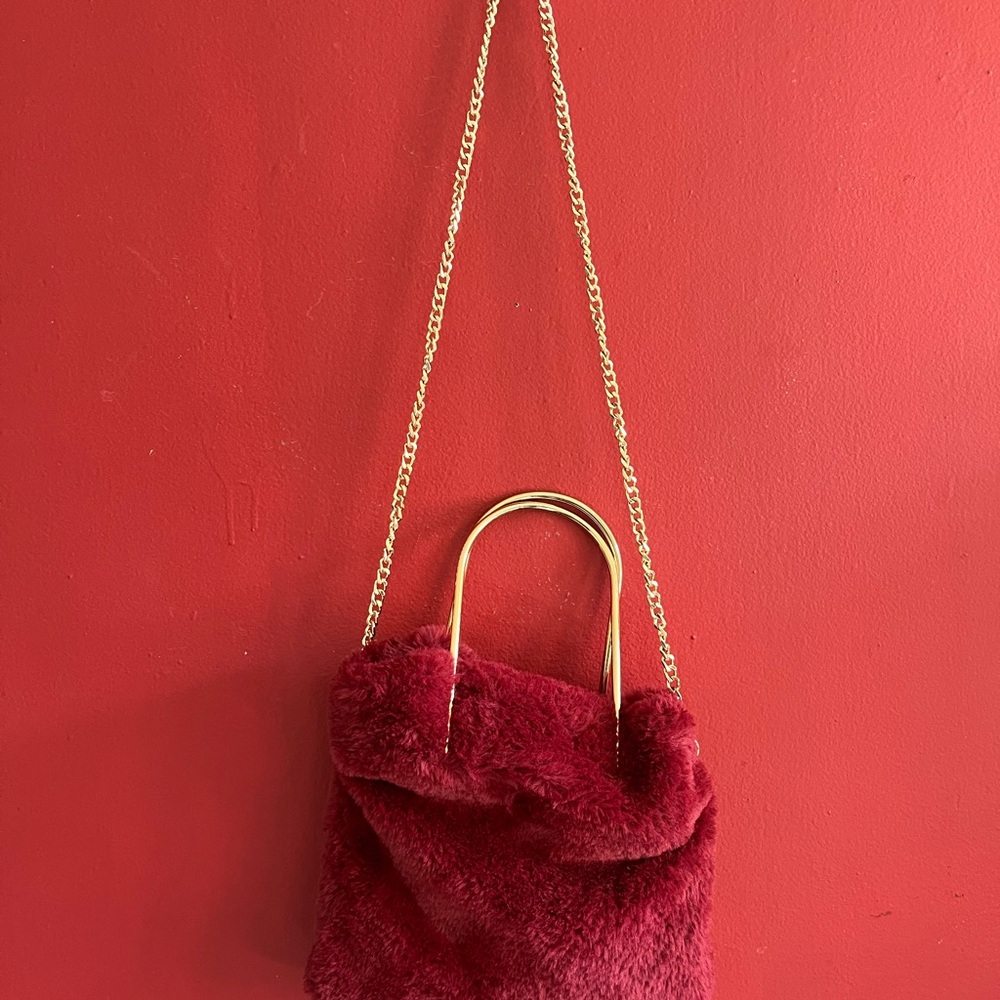 Forever 21 Red Faux Fur Shoulder Bag with Gold Chain